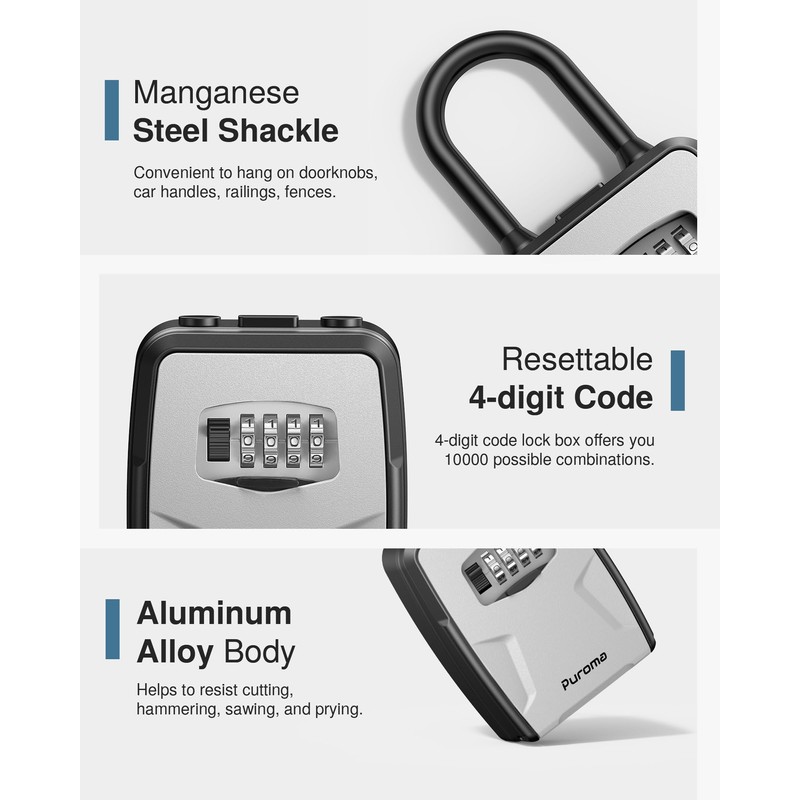 Puroma Large Key Lockbox with Hook, Resettable Combination Code Lock