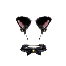 Qyjhska Cat Ears Headband, Cat Ears Headband Bell Necklace, Cat Cosplay Set, Carnival, Cat Ears Hair Accessories for Women Girls Cosplay Costume Party Black