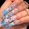 Long Square Press on Nails 3D Floral Fake Nails Blue&Pink