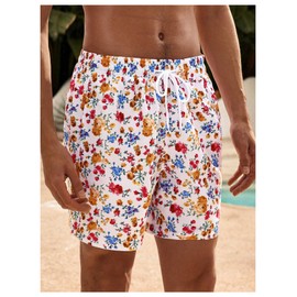 SHENHE Men's Swim Trunks Floral Print Hawaiin Summer Beach Bathing Surfing Board Shorts White Large
