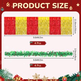 8 Pcs Christmas Parade Float Decorations Including 4 Pcs 9.85 ft Metallic Foil Fringe Curtains and 4 Pcs Tinsel Garlands for Christmas Indoor Outdoor Holiday Decor Green,Red,Gold