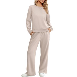 Jescakoo Womens 2 Piece Sweatsuit Outfit 2024 Fall Long Sleeve Pullover Lounge Set Casual Gym Tracksuit S-XXL Light Khaki Size S