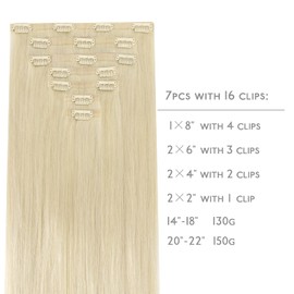 WENNALIFE Seamless Clip in Hair Extensions Human Hair, 16 Inch 130g 7pcs Bleach Blonde Hair Extensions for Women Real Human Hair Extensions Clip in Remy Hair Natural Straight Rallonge Cheveux Humain