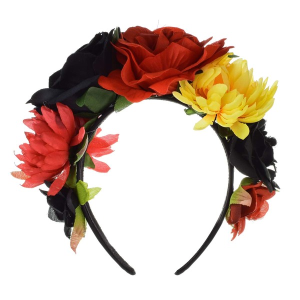 Floral Fall Day of the Dead Flower Crown Festival Headband Rose Mexican Floral Headpiece HC-23 (Red Black Yellow)
