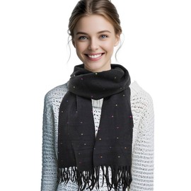 FloraMolly Scarves & Shawls for Women, Fashion Soft Warm Winter Coloured Dots Black Scarf with Tassel for Women Girls Female, black