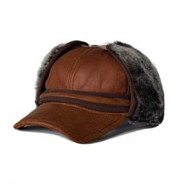 Men’s Shearling Leather Trapper Hat – Aviator Winter Cap with Genuine Sheepskin Ear Flaps | Cold Weather Hat | Ushanka (US, Alpha, X-Large, Cognac/Gray Fur)