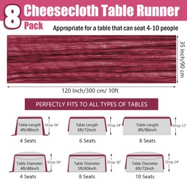 8 Pack 10 ft Burgundy Cheesecloth Table Runner 35x120 Inches Boho Gauze Rustic Cheese Cloth Runners Long Romantic Sheer Table Runner for Wedding Bridal Shower Party Christmas Birthday Decor