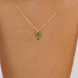 TseenYi Emerald Cross Pendant Necklace Vintage Cross Gemstone Necklace Emerald Green Crystal Cross Necklace Boho Green Gem Crucifix Neckalce Chain Jewelry for Women and Girls Gifts(Gold)