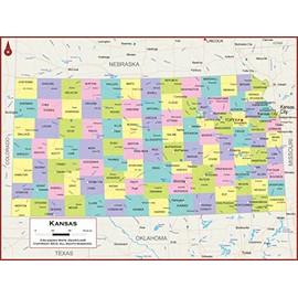 42 x 32 Kansas State Wall Map Poster with Counties - Classroom Style Map with Durable Lamination - Safe for Use with Wet/Dry Erase Marker - Very Popular for Educators and Homeschool!
