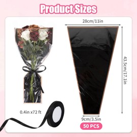Jaarssho 50 PCS Flower Bags for Bouquets Wrap, 17.1 x 11 x 3.5 in Clear Plastic Floral Sleeves for Bouquet, Gold Border Ribbon Flower Bar Supplies, Gifts on Graduation Wedding Floral Display (Black)
