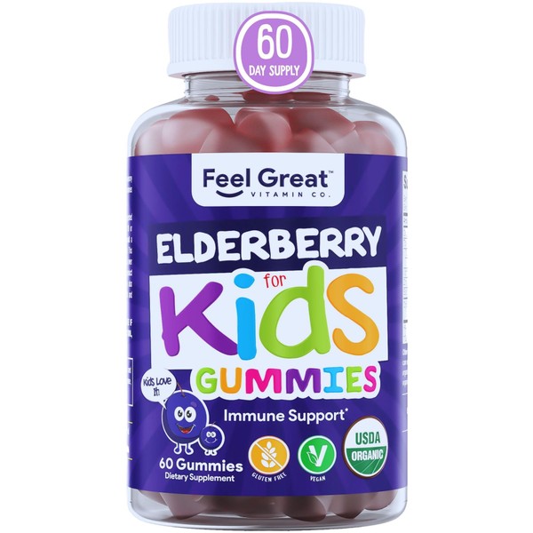 Organic Elderberry Gummies for Kids | Kids Immune Support - Kids Elderberry Gummies with Zinc and Vitamin C - Gluten Free & Vegan Children's Vitamins - 60 Gummies | Sambucus Nigra Supplement