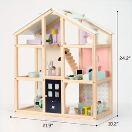 Pillowhale Wooden Dollhouse, Doll House with 38Pcs Furniture Accessories,3 Story Large Doll House, 6 Rooms Pretend Dollhouse, Gift for Girl Ages 3+