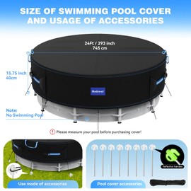 Holiwei 24 Ft Round Pool Cover with Reflective Strips, 420D Swimming Pool Cover for Above Ground Pools, Solar Cover with Drawstring and Ground Nails for Dustproof, UV Protected
