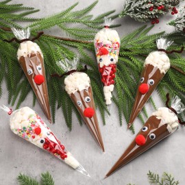 Yexiya 100 Set Christmas Hot Cocoa Bar Supplies Santa Claus Reindeer Cone Cellophane Bag Decoration Cocoa Chocolate Marshmallow Bags for Xmas DIY Hot Chocolate Bar Packing Party