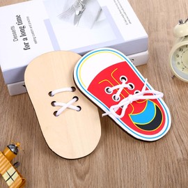 ElevateTech 2Pcs Wooden Lacing Shoe, Shoe Lace Practice Board Threading Lacing Shoes Training Board Tying Practice Kids Toddlers Early Learning Educational Fine Motor Skills Toy (Red White)