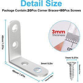 GUOYOU 20 Pcs Stainless Steel L Shape Corner Brace Bracket, Right Angle Bracket, 90 Degree Corner Connectors, Metal Corner Brackets, for Shelves, Furniture, Wood Fixation, with 80 Screws（40×40×15mm）