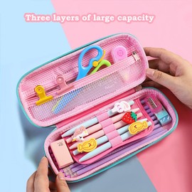 3D Space Pencil Case for Kids Girls, Waterproof Pencil Box with Compartments Cute Pen Pouch (Pink)