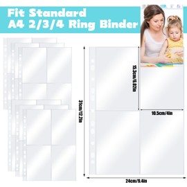 Pack of 30 240 Pockets A4 Photo Sleeves for A4 2/3/4 Ring Binder, Transparent Postcard Sleeves, 4 Compartments, Double-Sided Pockets Photo Page Protector, Top Loading Photo Album Refill Pages (10.5 x