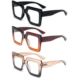 REAVEE 3 Pack Oversized Reading Glasses for Women Large Frame Extra Wide, Blue Light Blocking Readers Stylish Square Thick Eyewear, Black+Brown Orange+Tea Black, 3.5