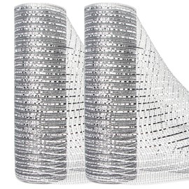Ribbli 2 Rolls Silver Mesh Ribbon,10 inch x 30 feet(10Yard) Each Roll,Metallic Lt.Silver with Wide Silver Foil,Valentine's Day Ribbon for Wreath Swags and Decorating