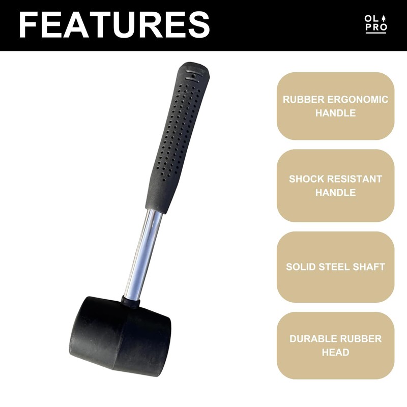 OLPRO Rubber Camping Mallet 16oz with Solid Steel Shaft, Ergonomic