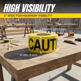 Caution Tape 2 Pack 3 inch x 1000 feet, Bright Yellow w/Bold Black Text, 3" Wide for Maximum Readability Strongest & Thickest Tape for Danger/Hazardous Areas