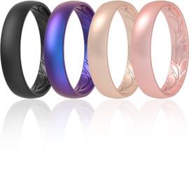 ThunderFit Women Silicone Wedding Rings, Breathable Leaf Cross Pattern Engagement Bands 4mm Wide 1.5mm Thick - 1/4 Variety Multipack (Pack D - Size 9.5-10 (19.8mm))