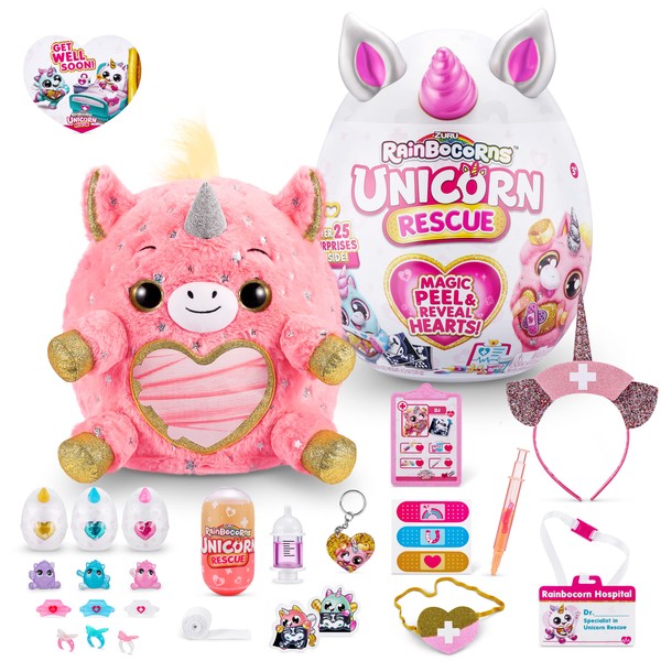 Rainbocorns Unicorn Rescue Surprise (Pink) by ZURU, Easter Basket Stuffers, Collectible Plush Stuffed Animal, Egg Toys, Sticker Pack, Magical Slime, Headband, Ages 3+ (DJ The Unicorn Plush)