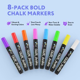 TFIVE Liquid Chalk Markers - 8 Vibrant Color Erasable Chalk Marker Pens, Reversible Tip, Non-Toxic, for Chalkboards, Signs, Glass, Easy to use Chalk markers with 12 Labels Included