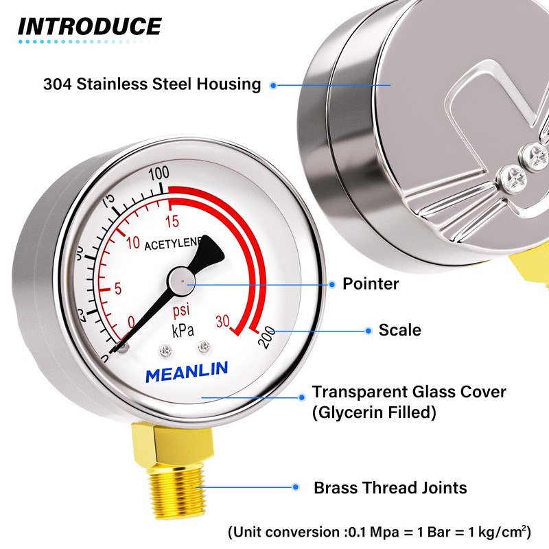 MEANLIN MEASURE Low Pressure Gauges for Acetylene Regulator 1/4" NPT