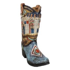 Ebros Gift Rustic Country Southwestern Tribal Beaded Turquoise Indian Patterns with Mystic Owl Faux Leather Cowboy Boot Decorative Kitchen Utensils Flower Vase Holder Figurine