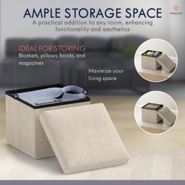 Ornavo Home Small Storage Ottoman Foldable Collapsible Cube Square Linen Ottoman Foot Rest Stool Seat, for Living Room, Bedroom, Home Office, Dorm - 12 x 12 x 12, Beige