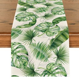 Green Leaves Spring Table Runner Tropical Palm Leaves Summer Table Runner Summer Kitchen Washable Dining Table Decoration Tablecloth for Indoor and Outdoor Holiday Party Living Room Decor 40 x 180 cm