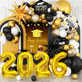Graduation Balloons Garland Arch Kit, Graduation Balloons Class of 2026, Black and Gold White Latex Balloon with Foil Balloon for Class of 2026 Party Decor