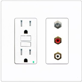 RiteAV 1 Port Coax Cable TV Wall Plate with 2 x RCA (Red+White) Jacks - GFCI Outlet [Screwless White]