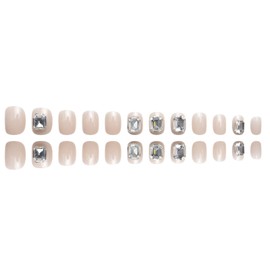 Hkanlre Fake Nails Tips Square Nude Press on Nails Short Full Cover Rhinestones False Nails for Women 24PCS