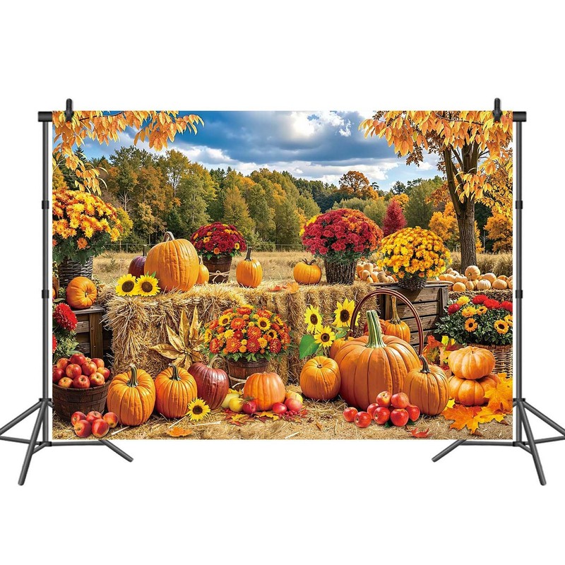 Fall Pumpkin Backdrop Autumn Haystack Hay Bale Maple Leaves Background