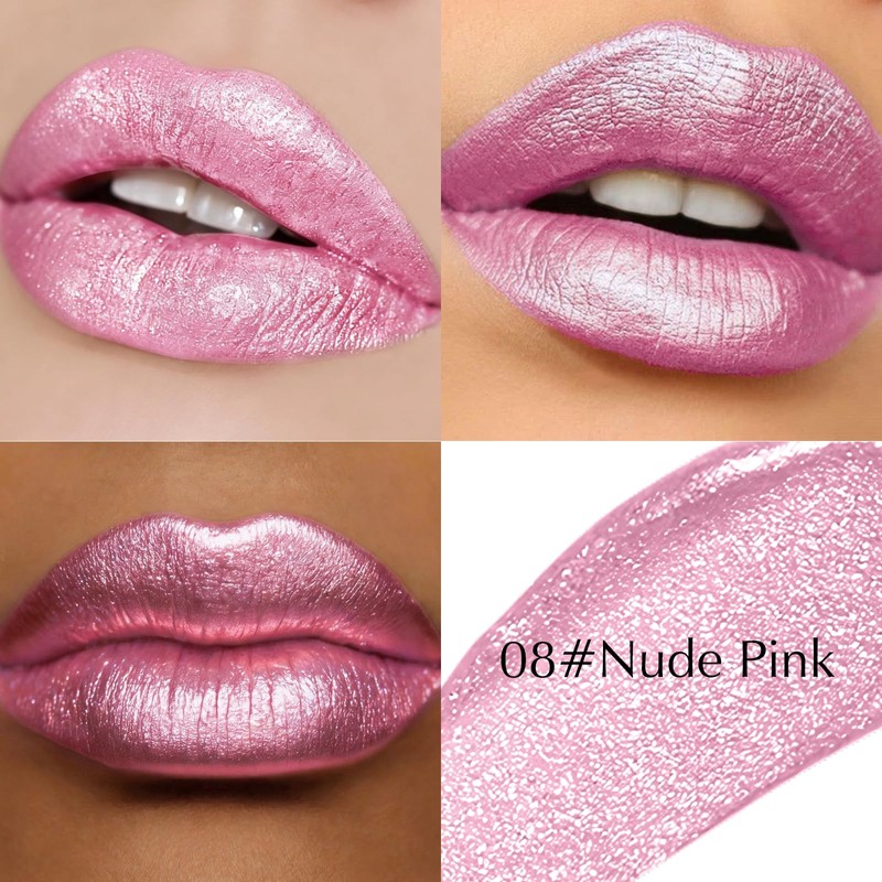 Wugbc Nude Pink Metallic Glitter Lipstick for Women, High Shine