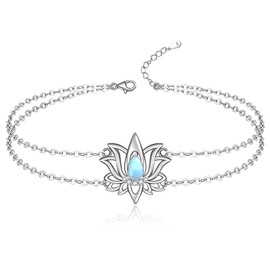 Lotus Flower Ankle Bracelet Moonstone Lotus Anklet for Women 925 Sterling Silver Yoga Jewelry Energy Balance Meditation Layered Chain