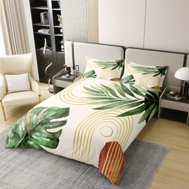 Erosebridal Palm Leaves 100% Natural Cotton Duvet Cover Queen Size Tropical Botanical Plants Comforter Cover for Kids Teens Golden Geometric Stripes Bedding Set Decor Nature Summer Theme Bed Set