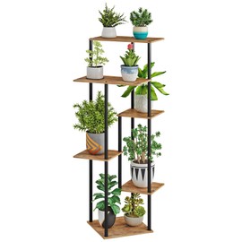 HAYOFAMY 6 Tier Plant Stand Indoor, Tall Plant Shelf Metal Wood Multiple, Flower Pot Holder for Living Room Office Balcony Patio, Rustic Brown