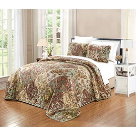 GrandLinen - 3-Piece Fine Printed Oversize (115 X 95) Quilt Set Reversible Bedspread Coverlet King Size Bed Cover (Multi Color, Sage Green, Paisley, Floral, Vine Patchwork)