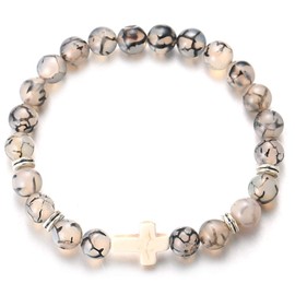 Halukakah Stone Beads Bracelet with Christian Cross, Natural Gemstone Crystal Stretchy Bracelet for Men Women Black Dragon Grain/Lava Stone/Turquoise, with Free Gift Box, Stone