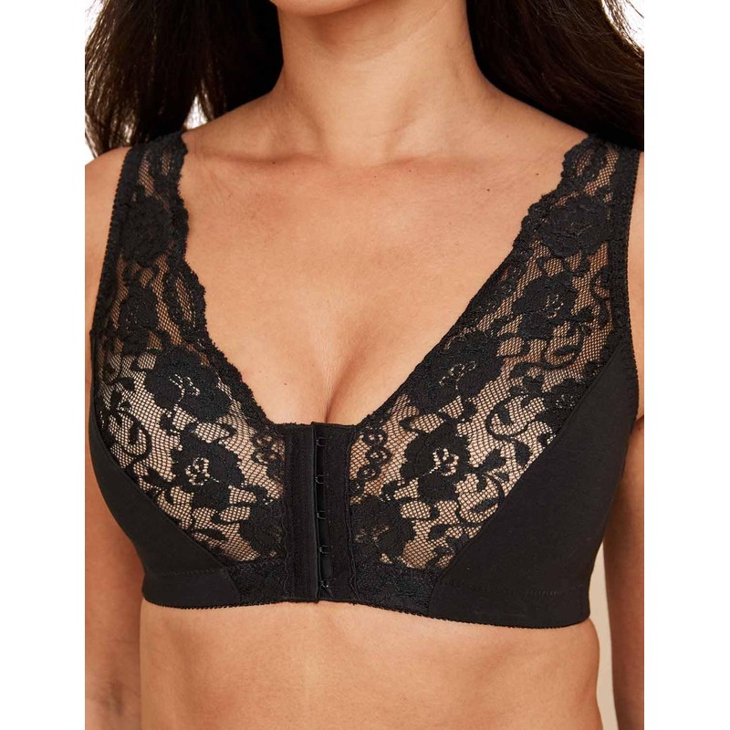 Eden House Ladies Cotton Lace Front Fastening Magic Bra Black