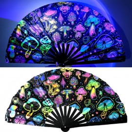 SAYHAHA Large Folding Hand Rave Fan,Clack Handheld with Fan bag,for Music Festivals,Carnival,Rainbow Outfits,Disco,Neon, Glow Party Decorations Supplies (Mushrooms)