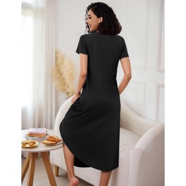 Marvmys Women’s Long Nightdresses Soft Cotton Nightshirt Short Sleeve V Neck Plus Size Casual Sleep Dress Nightgown Sleepwear Dark Black