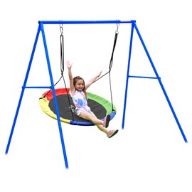 Hishine 43" Saucer Swing Set for Kids with Frame Heavy Duty Metal Stand, 360° Rotate Waterproof Flying Tree Saucer Swing with Swivel, Hanging Straps, Adjustable Ropes (Blue Set)