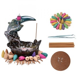 Lotus Pond Moonlight Backflow Incense Holder Incense Burner Waterfall with 20 Incense Cones+30 Incense Stick Aromatherapy Ornament for Home Decor