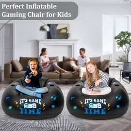 Inflatable Gaming Chair for Kids, Gaming Bean Bag Chair for Teens - Cool Boys Room Furniture with Cup Holder and Side Pocket, Perfect Gamer Decor for Boys Room, Kids Room Chair, Black Video Game Chair