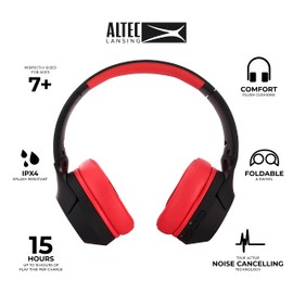 Altec Lansing - Auriculares inalámbricos seguros con cancelación de ruido para niños, batería de 15 H, límite de volumen de 85 dB, diseño plegable, sonido potente, cancelación activa de ruido,